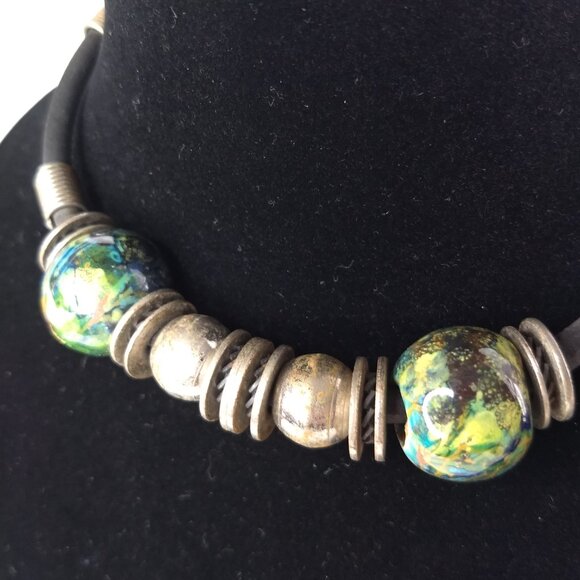 Steampunk Glass Bead Choker Necklace Art to Wear Bold Statement Unique Fun - Picture 2 of 8